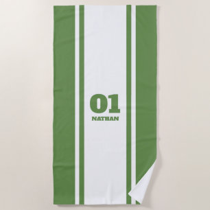 Serviette De Plage Nom et nombre blancs et verts de rayure de sports