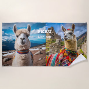 Serviette De Plage Nom et texte personnalisés Pérou Llama