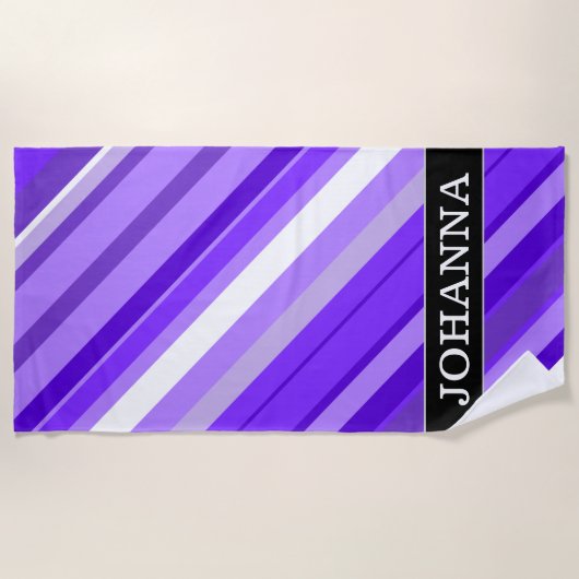 Serviette De Plage Nom fait sur commande + Motif rayé pourpre et (Devant)