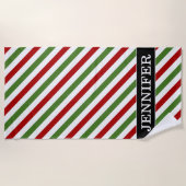 Serviette De Plage Nom fait sur commande + Motif rayé rouge, blanc et (Devant)