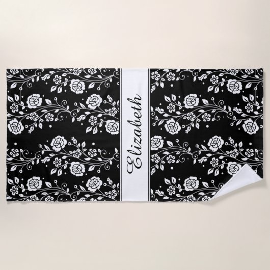 Serviette De Plage Nom floral noir et blanc élégant (Devant)