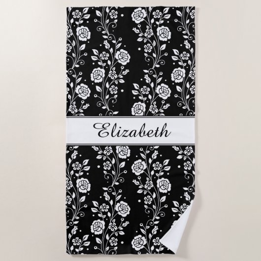 Serviette De Plage Nom floral noir et blanc élégant (Devant)
