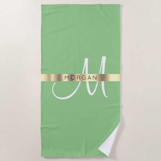 Serviette De Plage Nom & Grand Monogramme, White Sage & Gold (Devant)