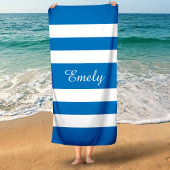 Serviette De Plage Nom Moderne Étanche Rayé Bleu Français Piscine
