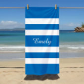 Serviette De Plage Nom Moderne Étanche Rayé Bleu Français Piscine