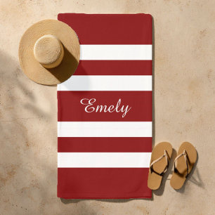 Serviette De Plage Nom Moderne Motif Rayé Rouge