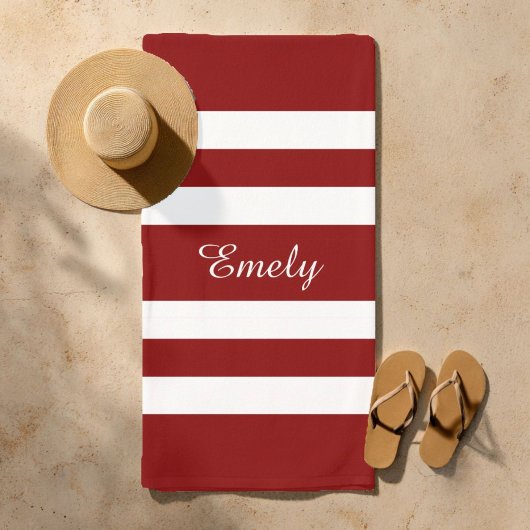 Serviette De Plage Nom Moderne Motif Rayé Rouge