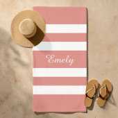 Serviette De Plage Nom Moderne Piscine Rayé Rose Corail