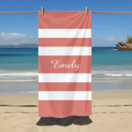 Serviette De Plage Nom Moderne Piscine Rayé Rose Corail
