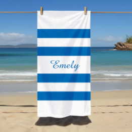 Serviette De Plage Nom Moderne Piscine Rayée Bleu Français