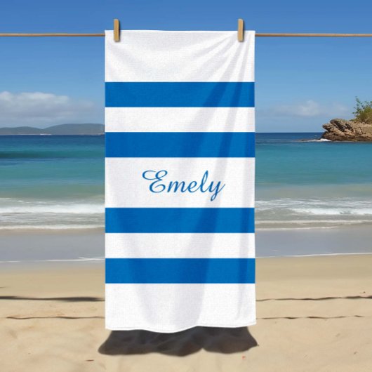 Serviette De Plage Nom Moderne Piscine Rayée Bleu Français