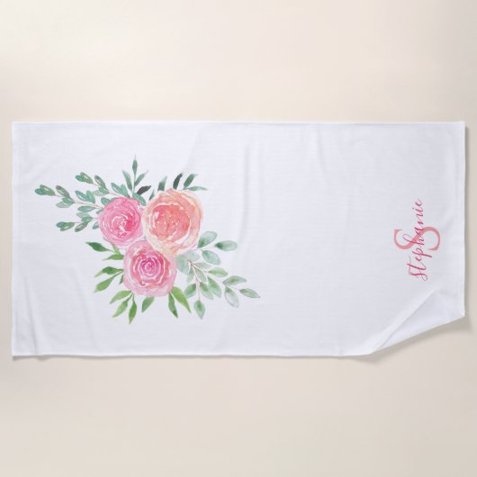 Serviette De Plage Nom Monogram rose Floral (Devant)