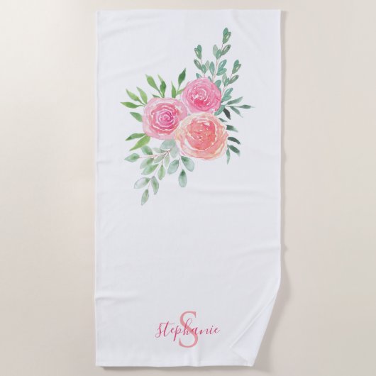 Serviette De Plage Nom Monogram rose Floral (Devant)
