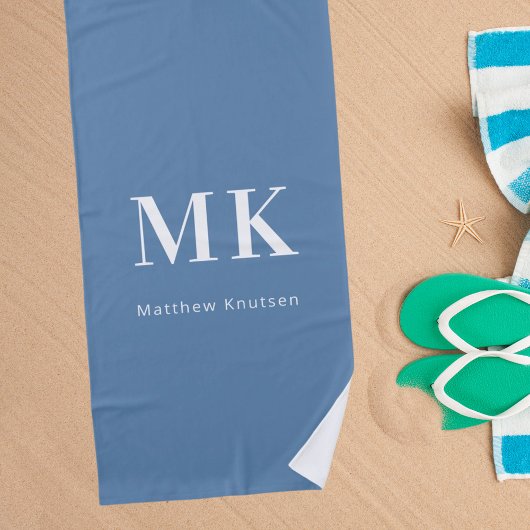 Serviette De Plage Nom monogramme blanc bleu foncé initiales