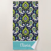 Serviette De Plage Nom Monogramme de la marine et de l'île verte (Devant)