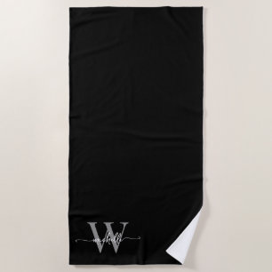 Serviette De Plage Nom Monogramme Gris Noir Moderne Écriture Élégante