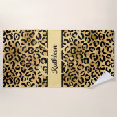 Serviette De Plage Nom Monogramme Imprimé Léopard Guépard Noir Or (Devant)