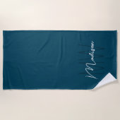 Serviette De Plage Nom Monogramme moderne Script Blue (Devant)