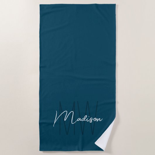 Serviette De Plage Nom Monogramme moderne Script Blue (Devant)