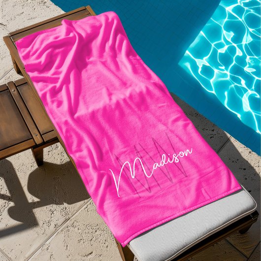 Serviette De Plage Nom Monogramme moderne Script rose