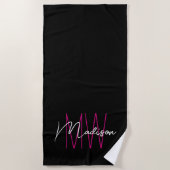 Serviette De Plage Nom Monogramme moderne Script Rose noir (Devant)