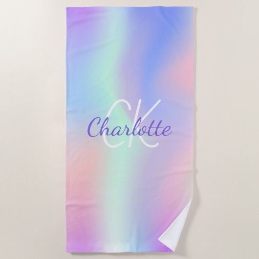 Serviette De Plage Nom monographique en violet rose holographique (Devant)