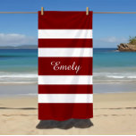 Serviette De Plage Nom Motif moderne rouge rayé<br><div class="desc">Nom moderne Rouge rayé Motif serviette de plage.</div>