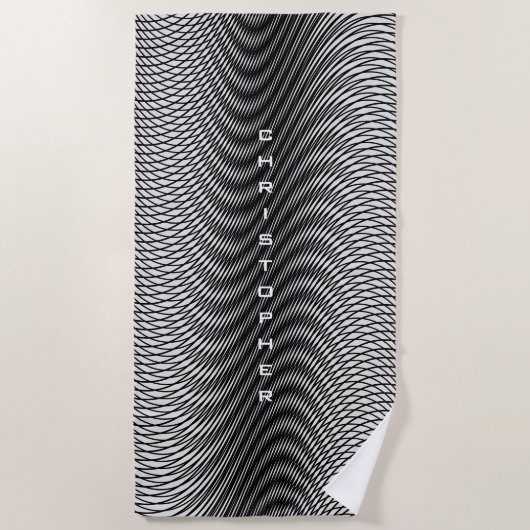 Serviette De Plage Nom personnalisable Black White Moiré Effet Trippy (Devant)
