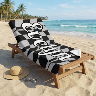 Serviette De Plage Nom personnalisé à carreaux noir et blanc rétro