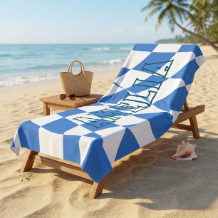 Serviette De Plage Nom personnalisé à carreaux ondulés bleu rétro