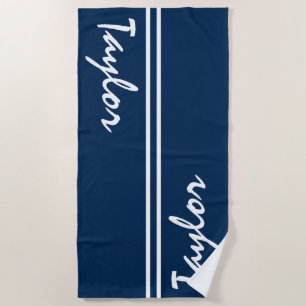 Serviette De Plage Nom personnalisé à rayures bleu et blanc de la mar
