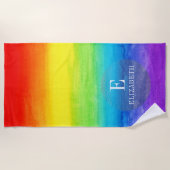 Serviette De Plage Nom personnalisé Aquarelle arc-en-ciel initiale (Devant)