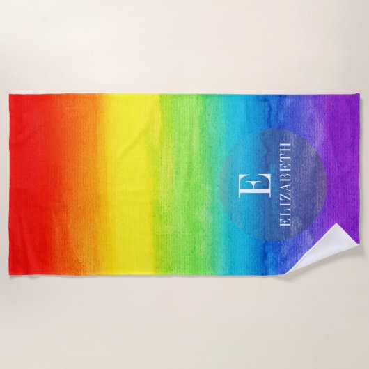 Serviette De Plage Nom personnalisé Aquarelle arc-en-ciel initiale (Devant)