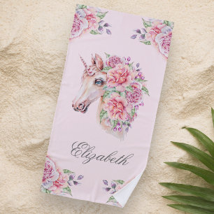 Serviette De Plage Nom personnalisé Aquarelle rustique Floral Unicorn