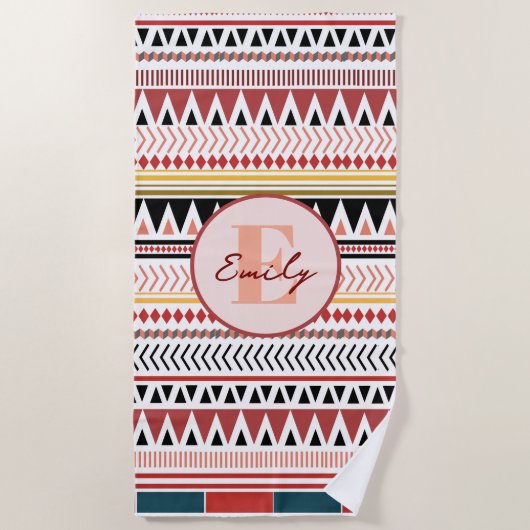 Serviette De Plage Nom personnalisé Aztec Elegance Rouge chaud Motif (Devant)