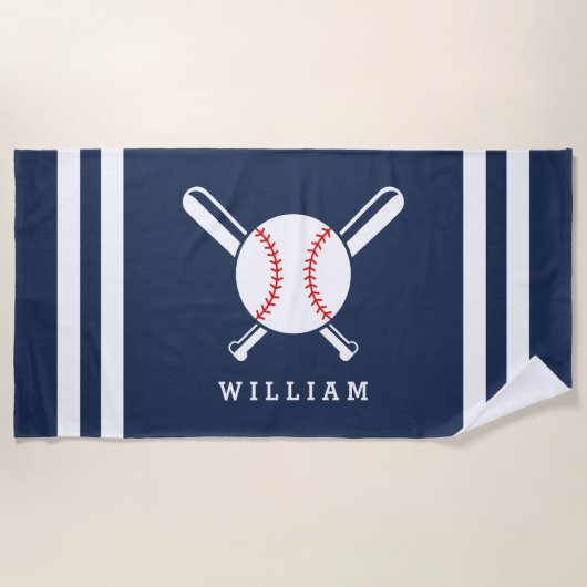 Serviette De Plage Nom personnalisé Baseball Navy Blue Stripes (Devant)