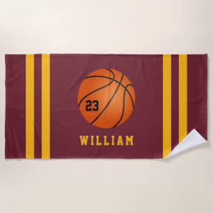 Serviette De Plage Nom personnalisé Basketball Wine Gold Stripes