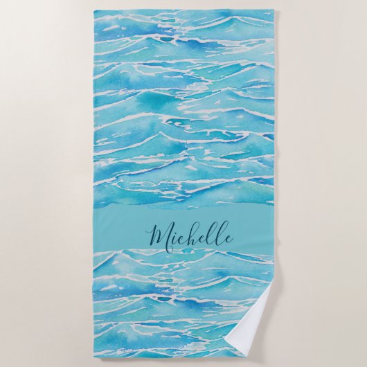 Serviette De Plage Nom personnalisé Beach Waves Aquarelle Nouveauté (Devant)