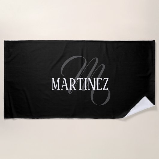 Serviette De Plage Nom Personnalisé Black Elegant | Nom (Devant)