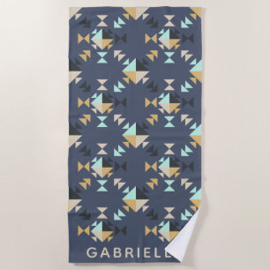 Serviette De Plage Nom personnalisé Blue Gold Southwest Géométrique