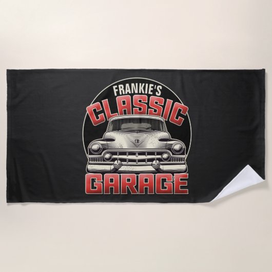 Serviette De Plage NOM Personnalisé Classic Car Garage Custom Shop (Devant)