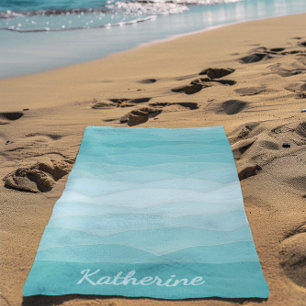 Serviette De Plage Nom personnalisé Dégradé de vague océanique modern