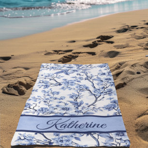 Serviette De Plage Nom personnalisé Élégant Floral Bleu Vintage Franç