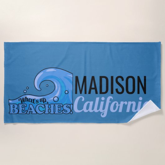 Serviette De Plage Nom personnalisé et emplacement Funny Wave serviet (Devant)