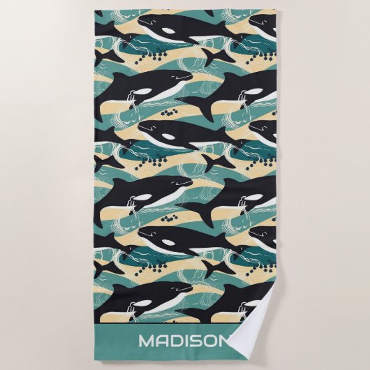 Serviette De Plage Nom personnalisé Motif baleines (Devant)