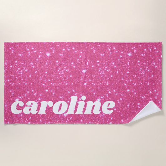 Serviette De Plage Nom personnalisé Paillettes Rose Chaude Rétro (Devant)