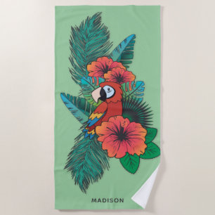 Serviette De Plage Nom personnalisé Perroquet tropical