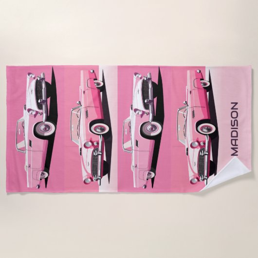 Serviette De Plage Nom personnalisé Pink Classic Car (Devant)