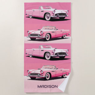 Serviette De Plage Nom personnalisé Pink Classic Car