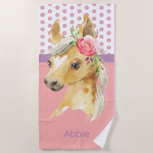 Serviette De Plage Nom personnalisé Pink Pony Girl